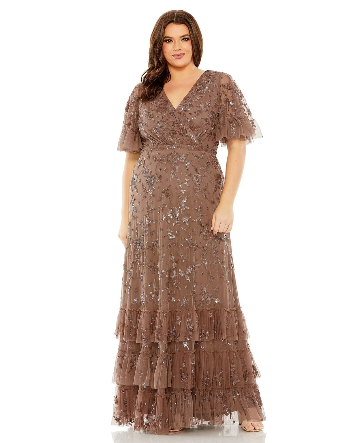 Long Sequin Embellished Flutter Sleeve Faux Wrap V Neck Tiered Plus Si The Dress Outlet Long Sequin Embellished Flutter Sleeve Faux Wrap V Neck Tiered Plus Si The Dress Outlet