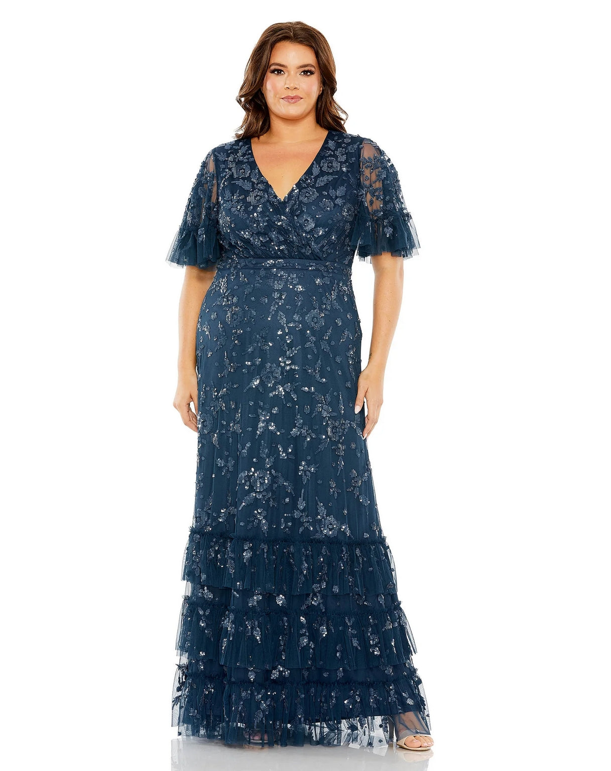 Long Sequin Embellished Flutter Sleeve Faux Wrap V Neck Tiered Plus Si The Dress Outlet Long Sequin Embellished Flutter Sleeve Faux Wrap V Neck Tiered Plus Si The Dress Outlet