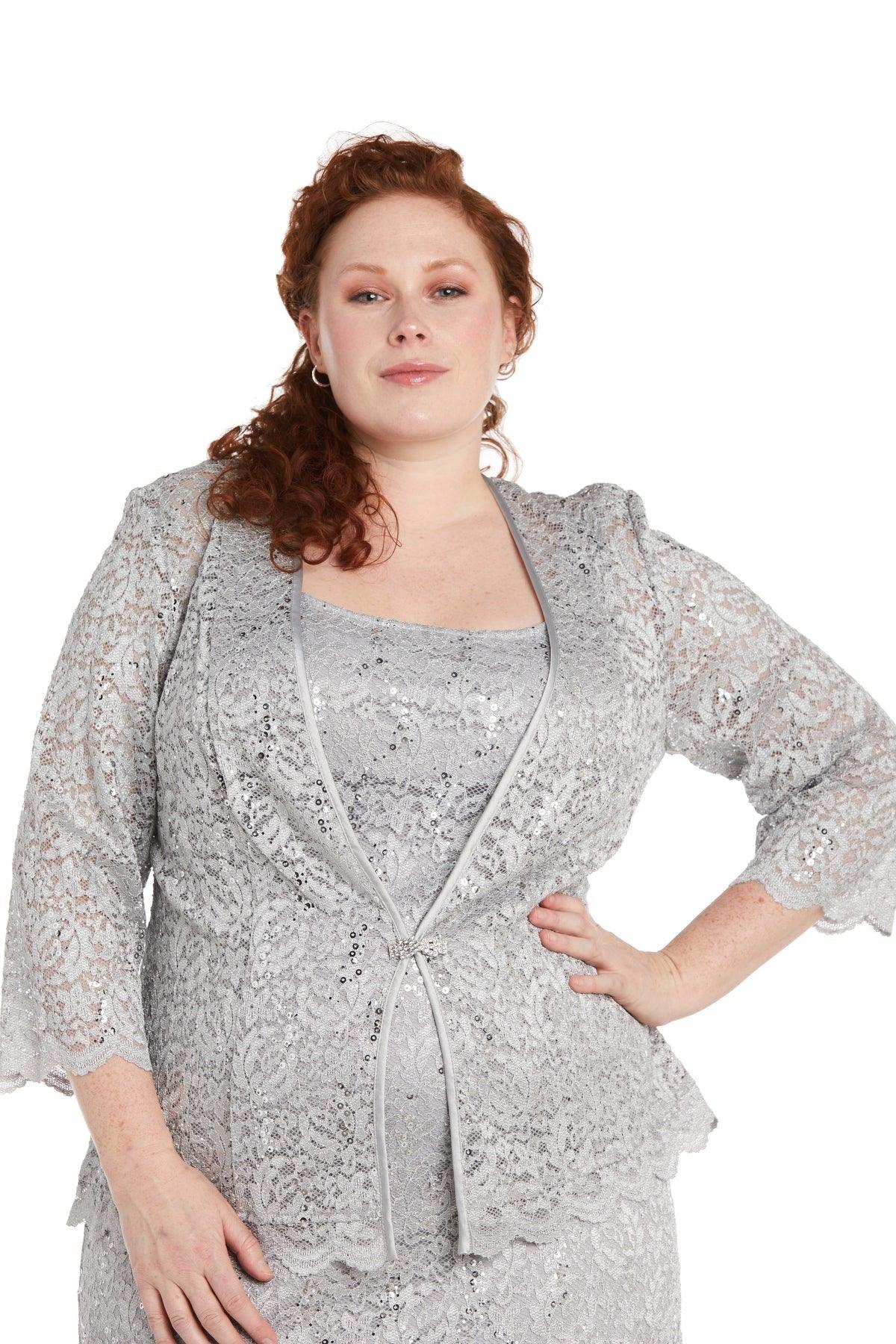 Mother of the Bride Dresses Plus Size Formal Lace Jacket Midi Dress Silver