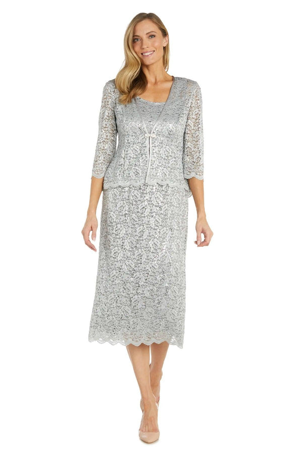 Dusty Blue R&M Richards 9285 Mother of the Bride Lace Jacket Midi Dress for $112.99 – The Dress ...