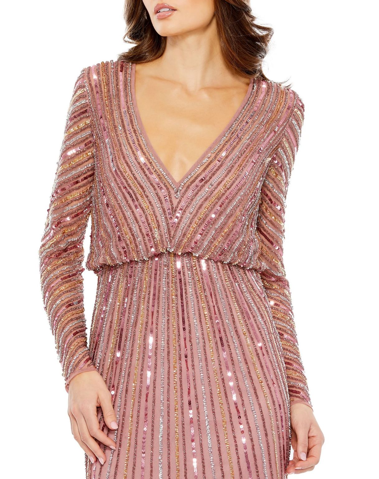 Mac Duggal 93647 Sequined V neck Long Sleeve Column Dress