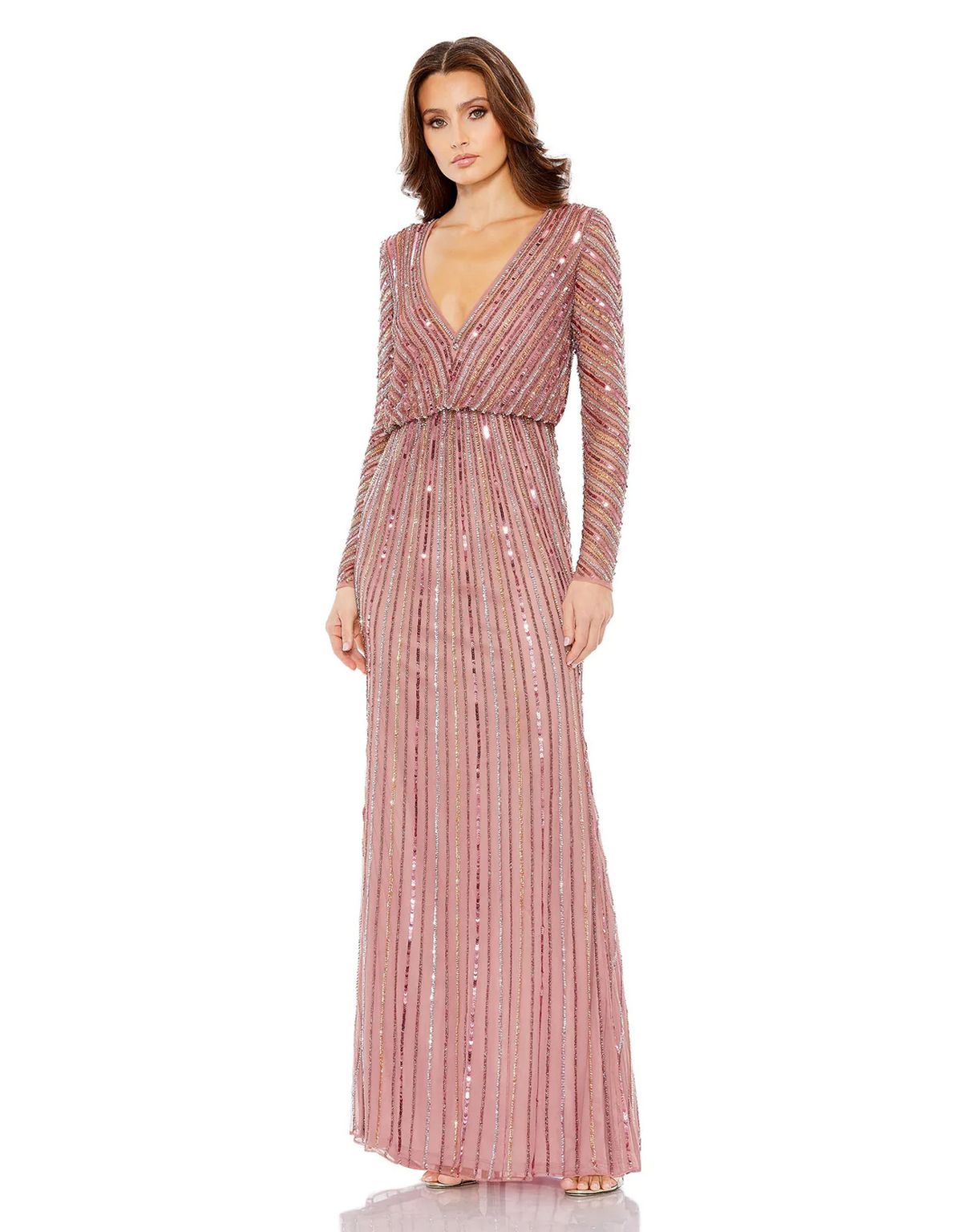 Formal Dresses Sequined V neck Long Sleeve Column Dress Rosewood