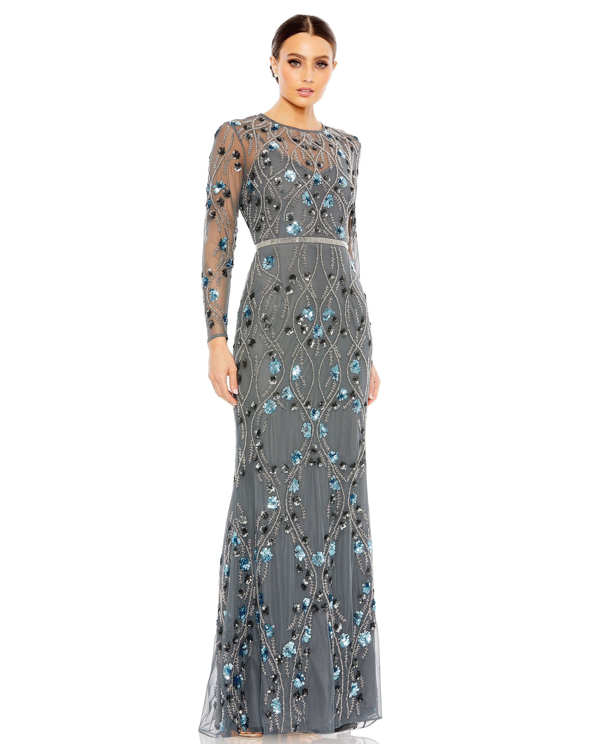 Mac Duggal 93772 Long Sleeve Beaded Floral Evening Formal Gown