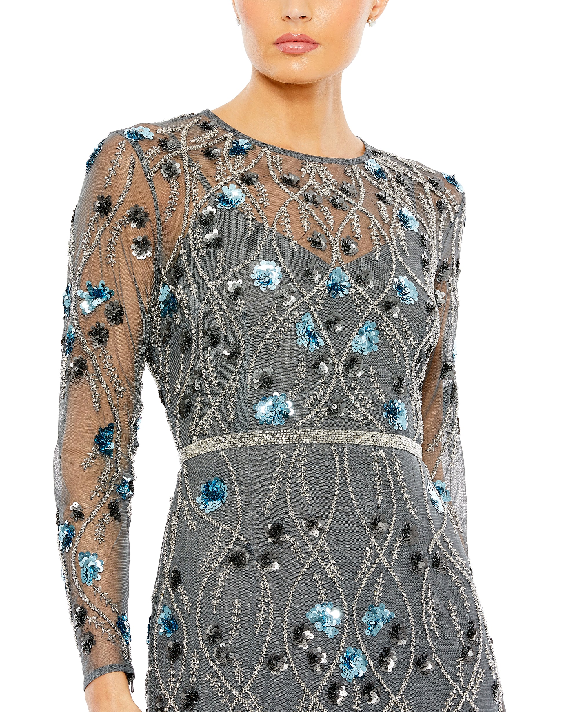 Mac Duggal 93772 Long Sleeve Beaded Floral Evening Formal Gown
