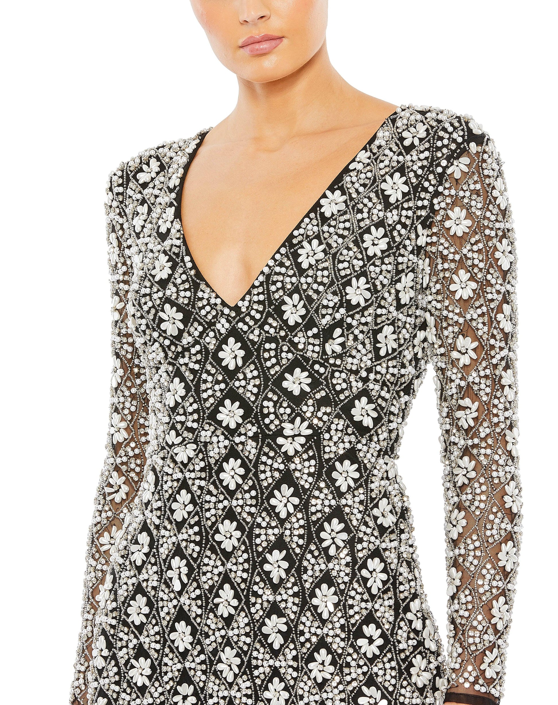 Mac Duggal 93808 Long Sleeve Beaded Floral Formal Dress
