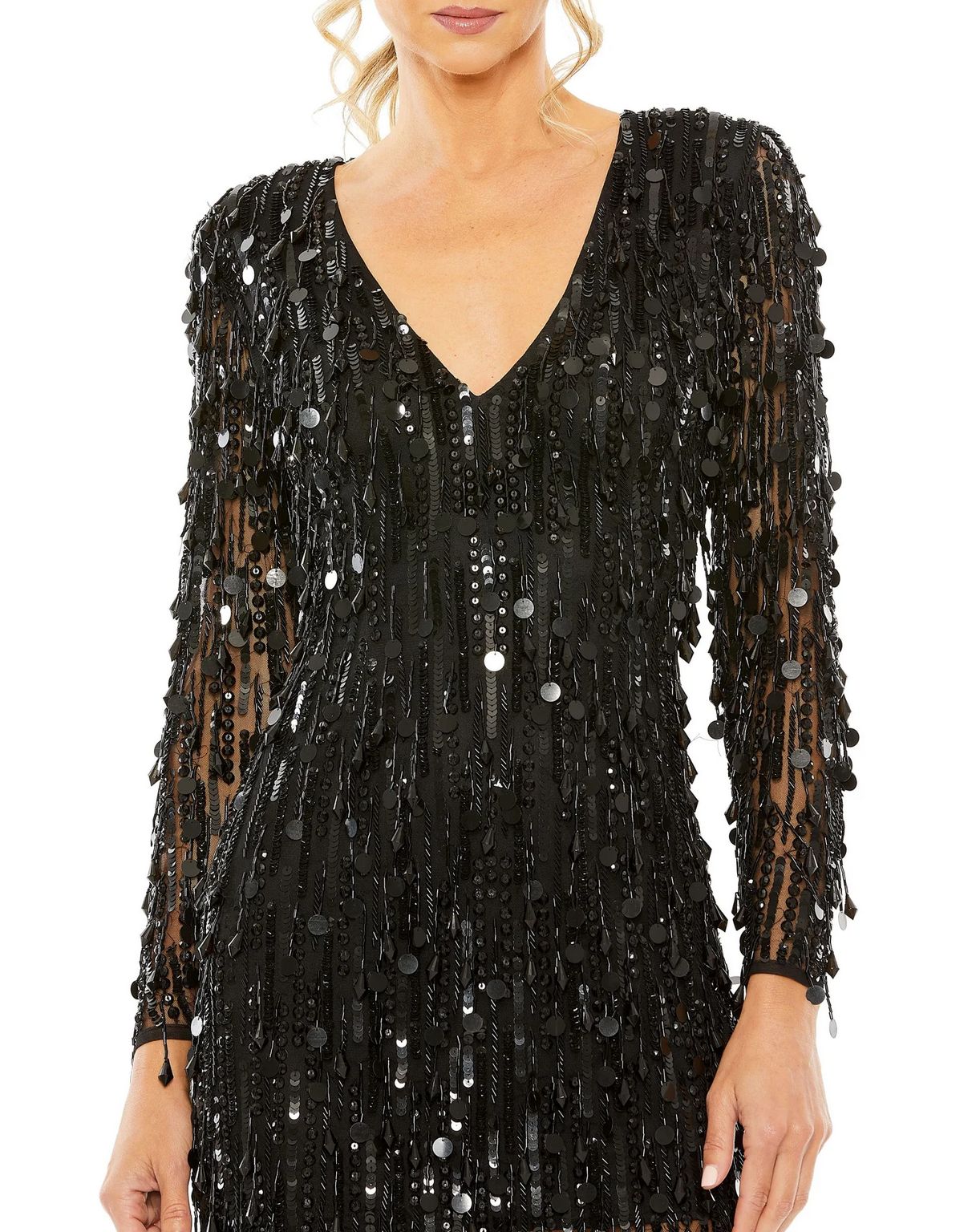 Mac Duggal 93850 Long Sleeve Beaded Fringe Plunge Neck Dress