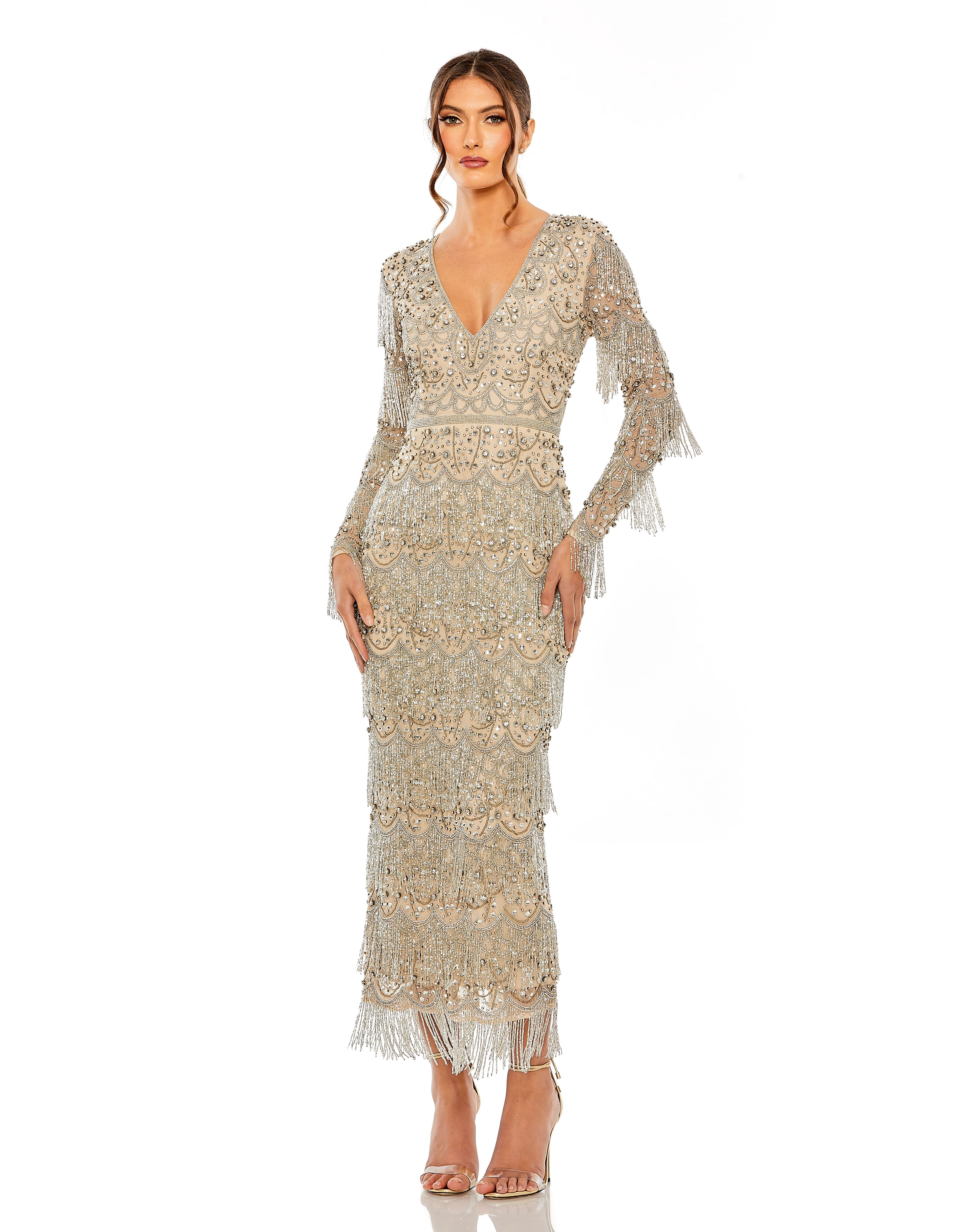Mac Duggal - Beige V-Neck Beaded Fringe Embellished Sheath Dress - Nude Silver / US 6 Mac Duggal - Beige V-Neck Beaded Fringe Embellished Sheath Dress - Nude Silver / US 6