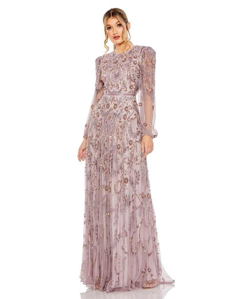 Champagne Mac Duggal 93930 Beaded Long Sleeve Fitted Formal Evening Gown for $798.0 – The Dress ...