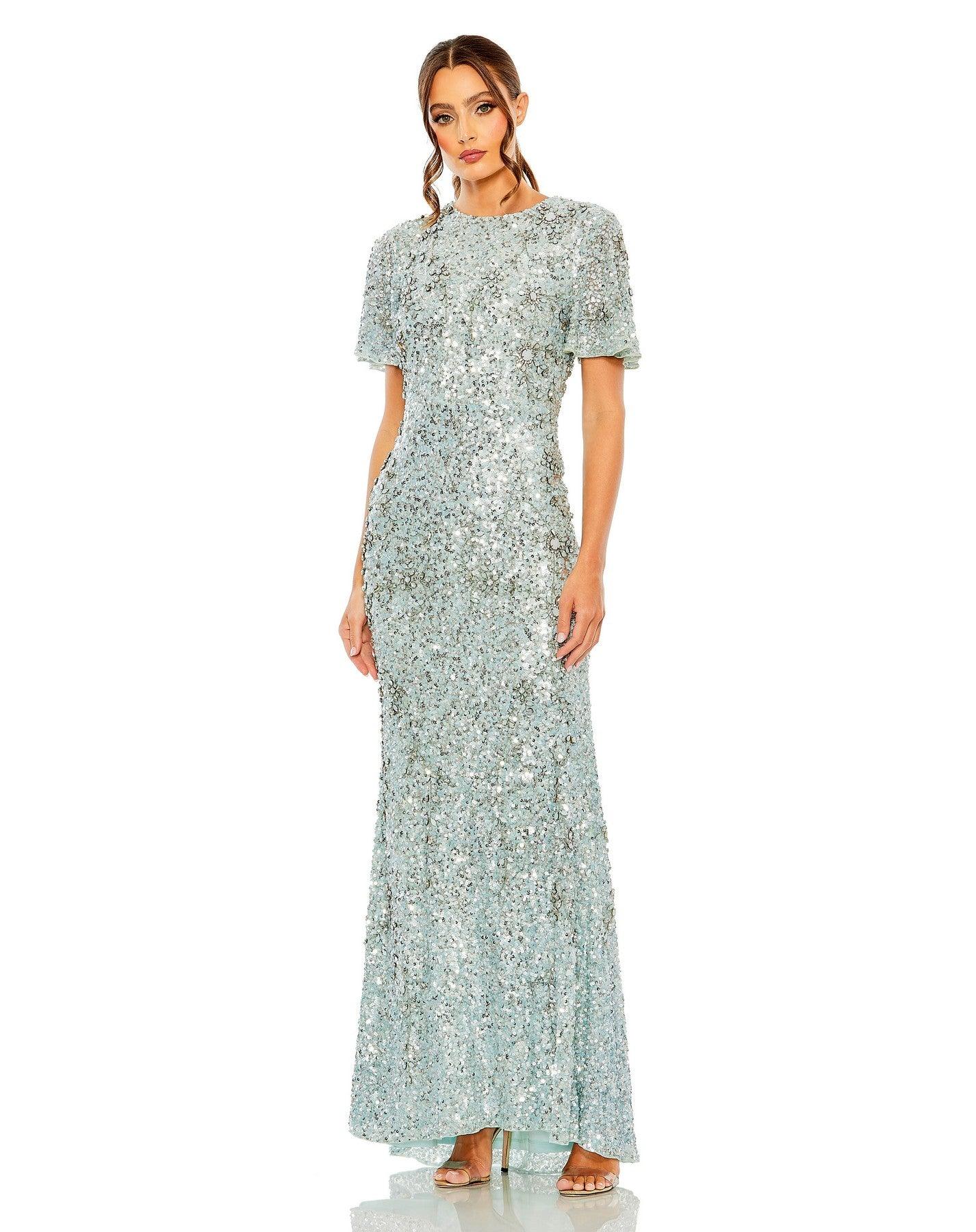 Mac Duggal - Blue Flutter Sleeve Sequin High Neck Gown - French Blue / US 12 Mac Duggal - Blue Flutter Sleeve Sequin High Neck Gown - French Blue / US 12