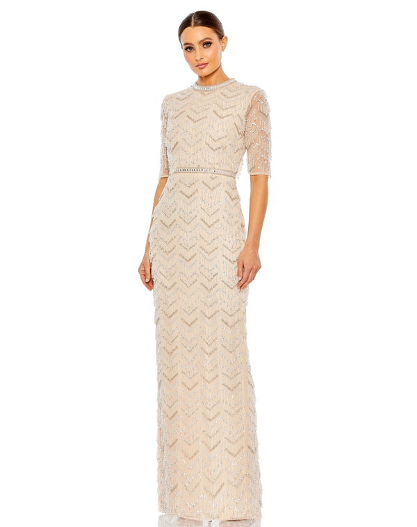 Long Fitted Beaded Fringe Formal Evening Dress Fitted Beaded Fringe Evening Mac Duggal 94071
