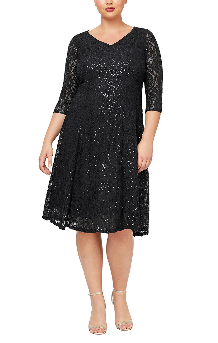 SL Fashions Plus Size Sequined Lace Fit & Flare Dress - Black 14W SL Fashions Plus Size Sequined Lace Fit & Flare Dress - Black 14W