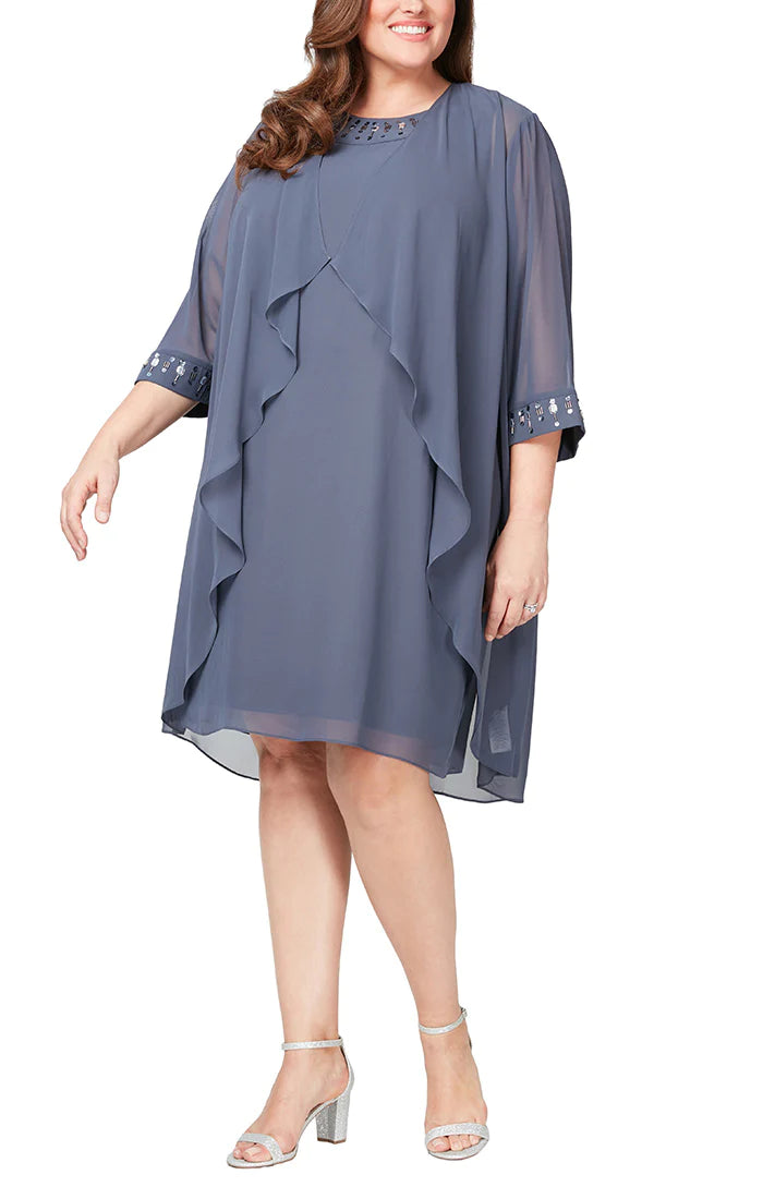 plus size chiffon dresses with jackets Plus Size V-Neck Chiffon Mother of the Bride Dress Set with Jacket and Sequins Knee-Length