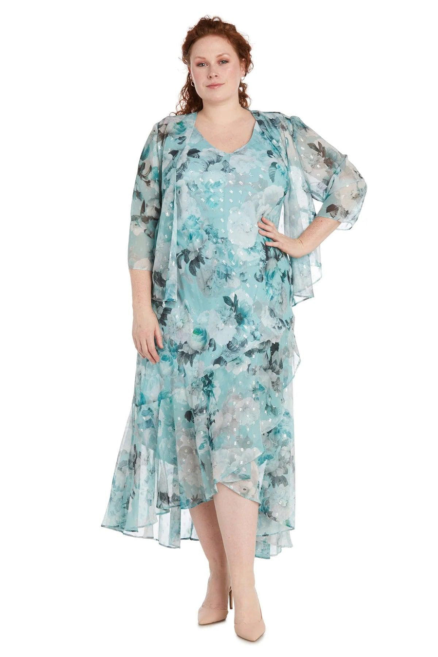 Mother of the Bride Dresses Plus Size Floral High Low Jacket Dress Aqua