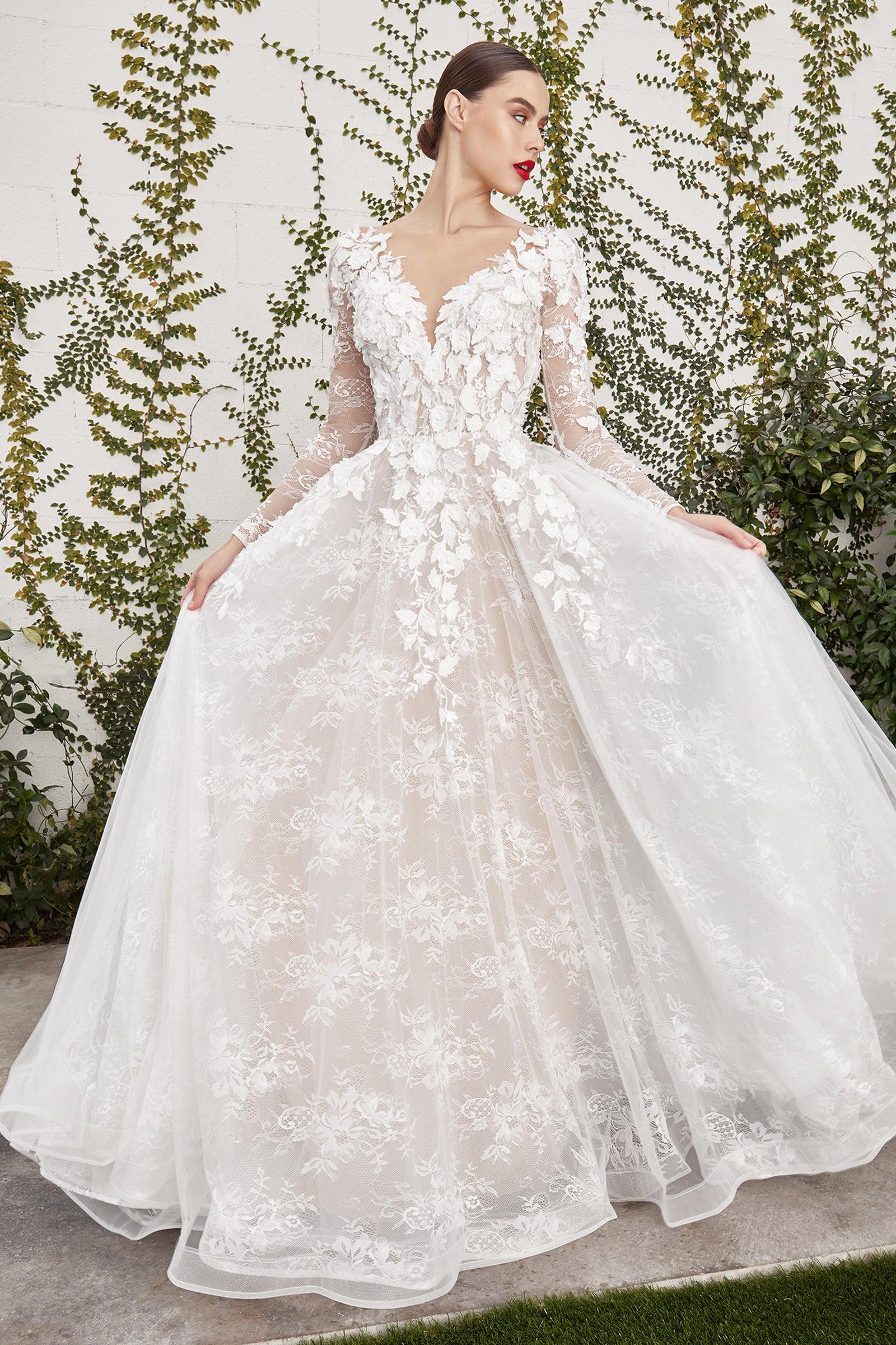 Andrea & Leo A1067WC Long Sleeve Plus Size 3D Floral Wedding Dress - Off White Nude / 18