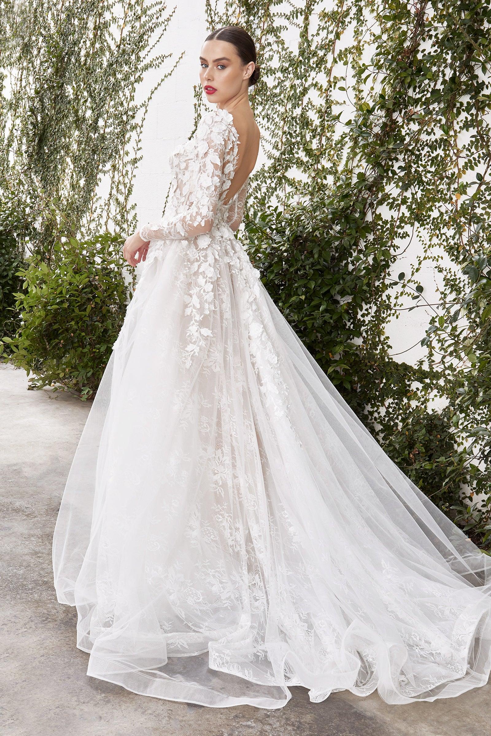 Andrea & Leo A1067WC Long Sleeve Plus Size 3D Floral Wedding Dress - Off White Nude / 18 Andrea & Leo A1067WC Long Sleeve Plus Size 3D Floral Wedding Dress - Off White Nude / 18