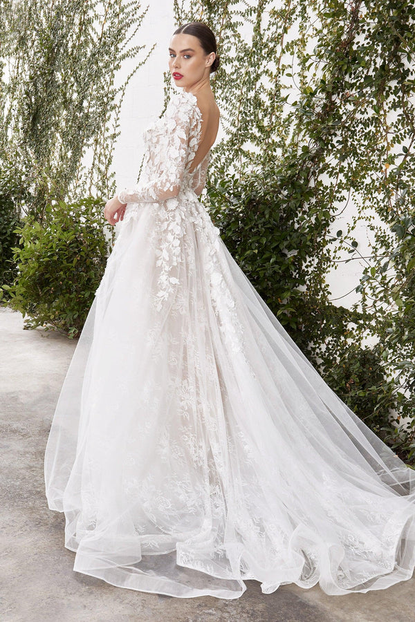 Wedding Dresses Long Sleeve Plus Size 3D Floral Wedding Dress Off White Nude