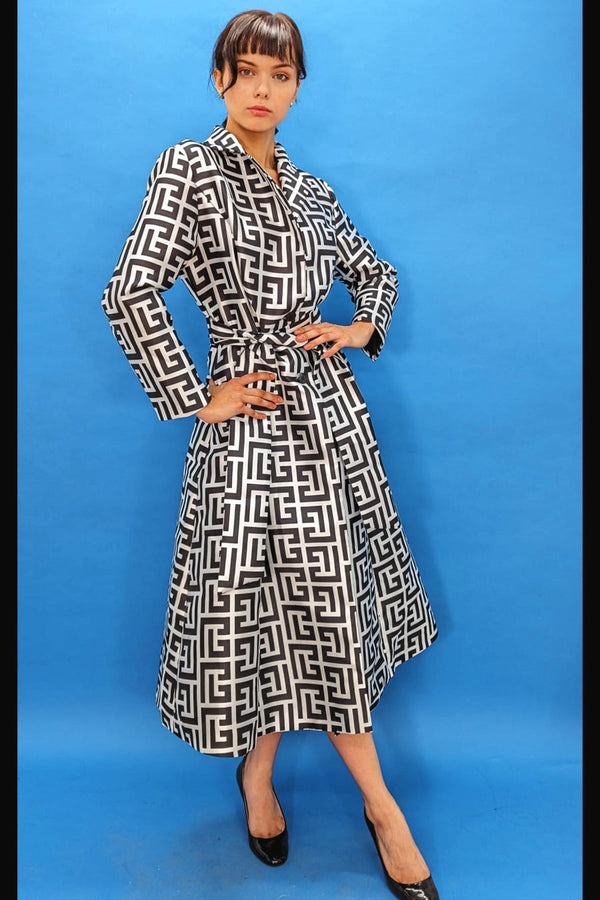 Long Sleeve Printed Wrap Belt Midi Dress