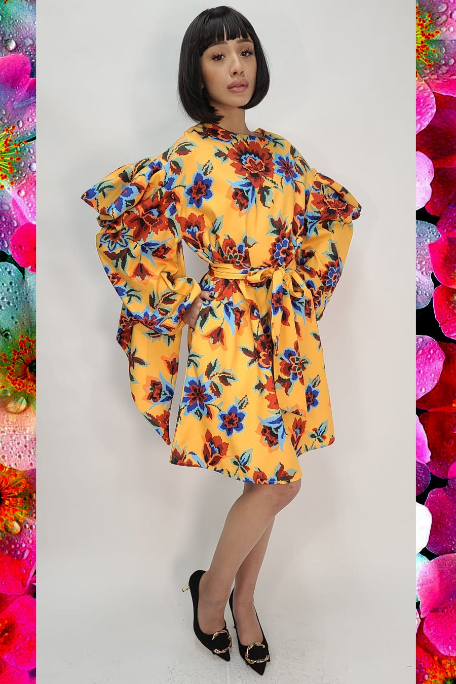 Long Sleeve Floral Print Short Dress