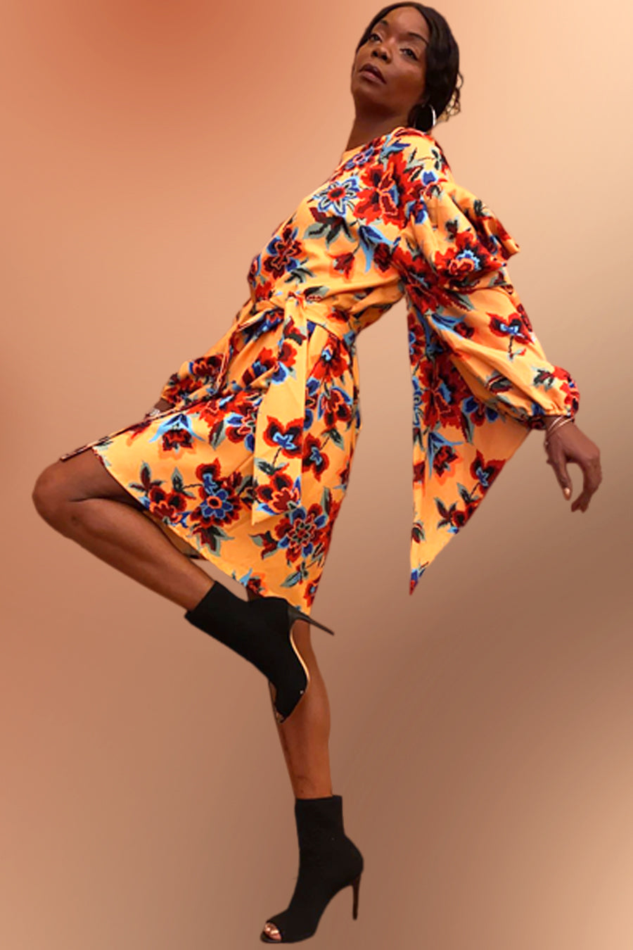 Long Sleeve Floral Print Short Dress