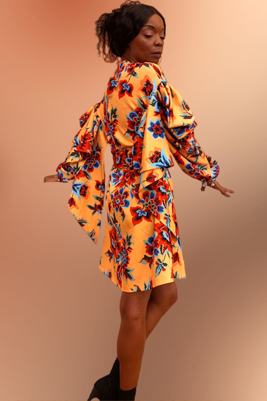 Long Sleeve Floral Print Short Dress