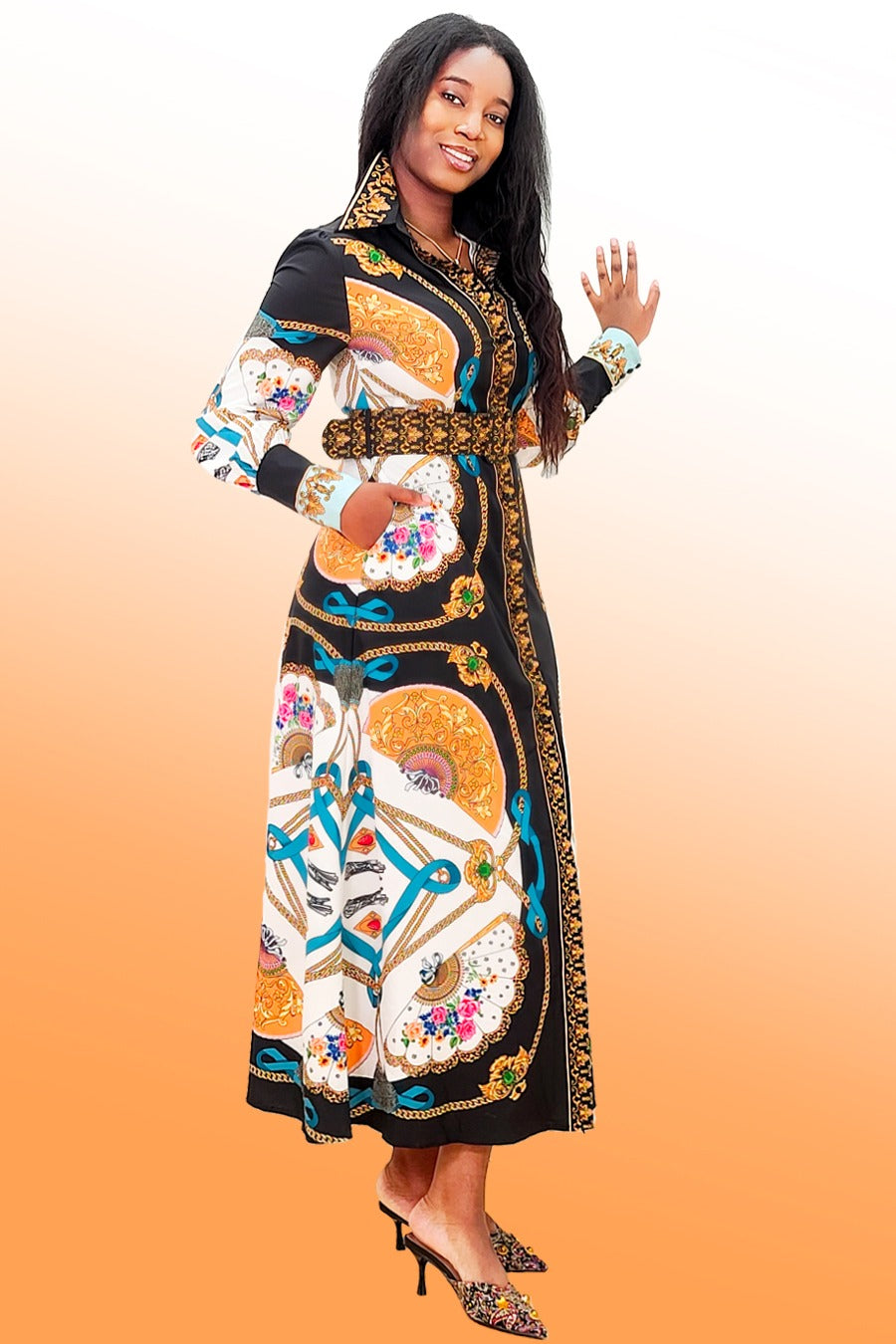 Long Sleeve Fan Print Pockets Dress