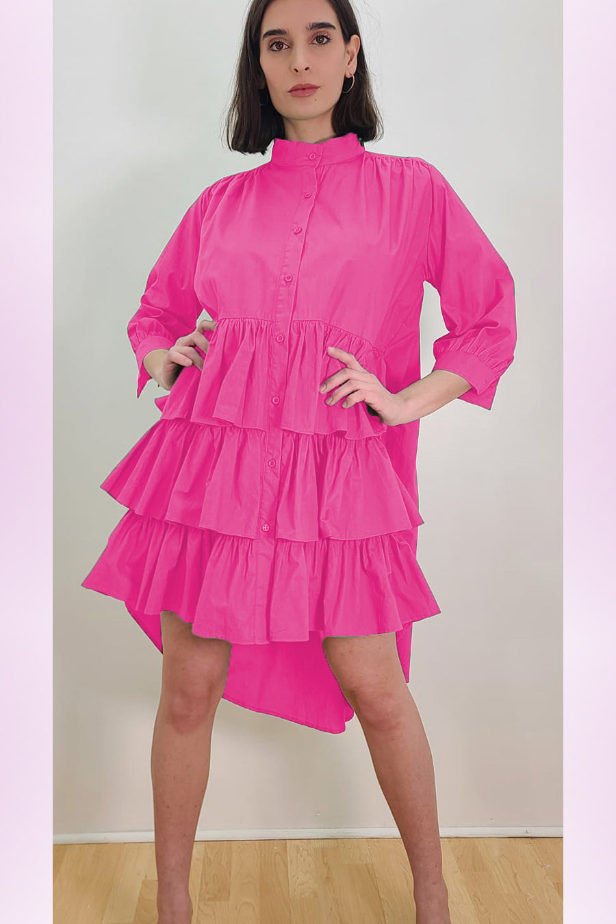 Long Sleeve Layered Button Down High Low Dress