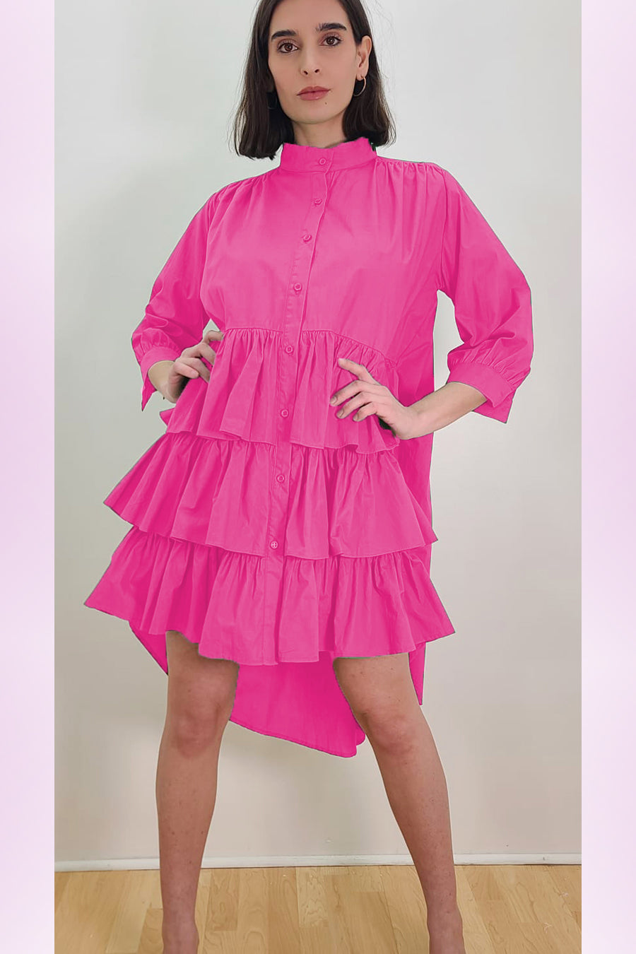 Cocktail Dresses 3/4 Sleeve Layered Button Down Hi Low Dress Pink