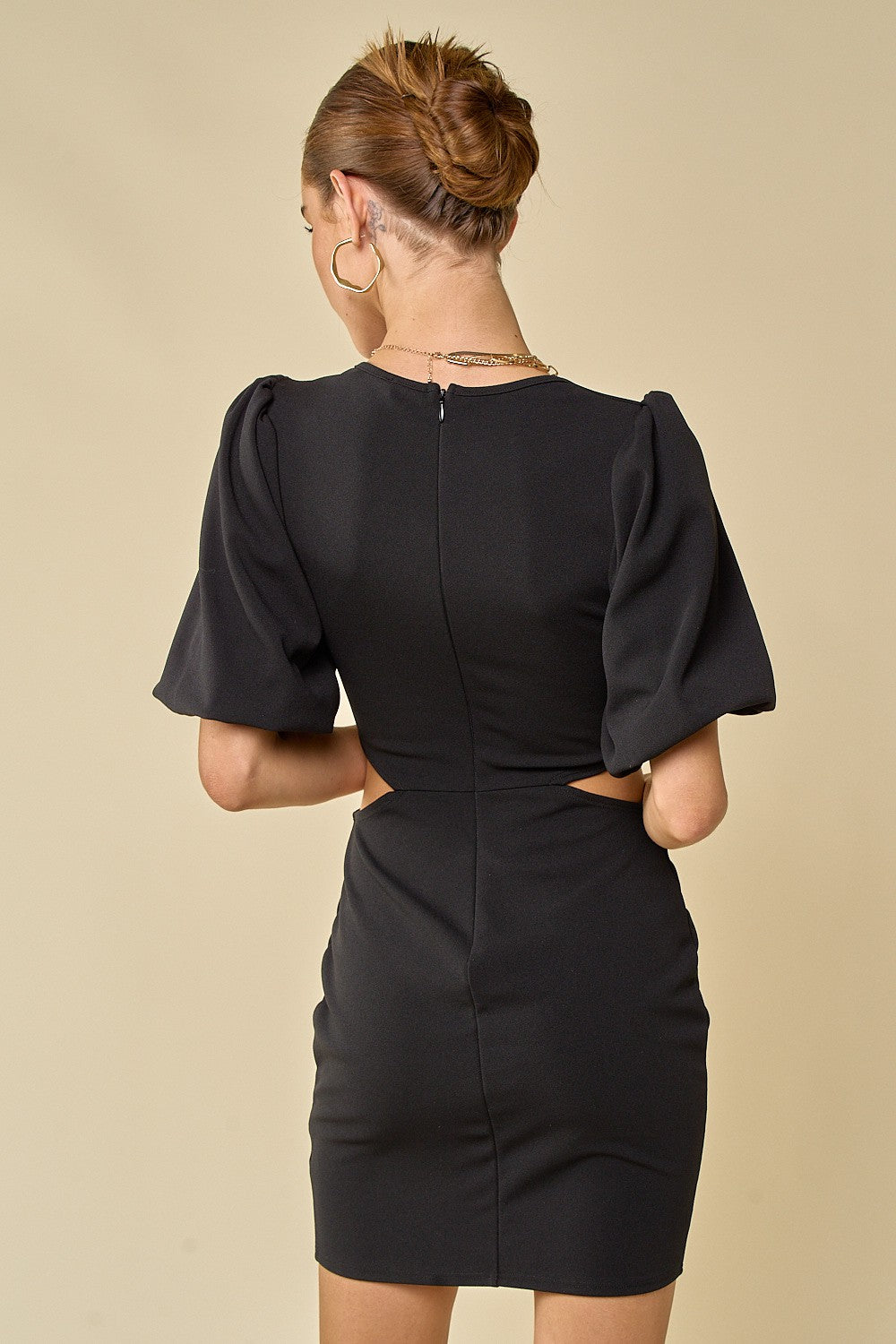 Cocktail Dresses Short Puff Sleeve Waist Cutout Bodycon Dress Black