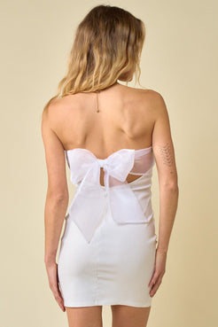 Ivory Short Strapless Organza Ribbon Back Tie Bodycon Dress for $19.99 – The Dress Outlet