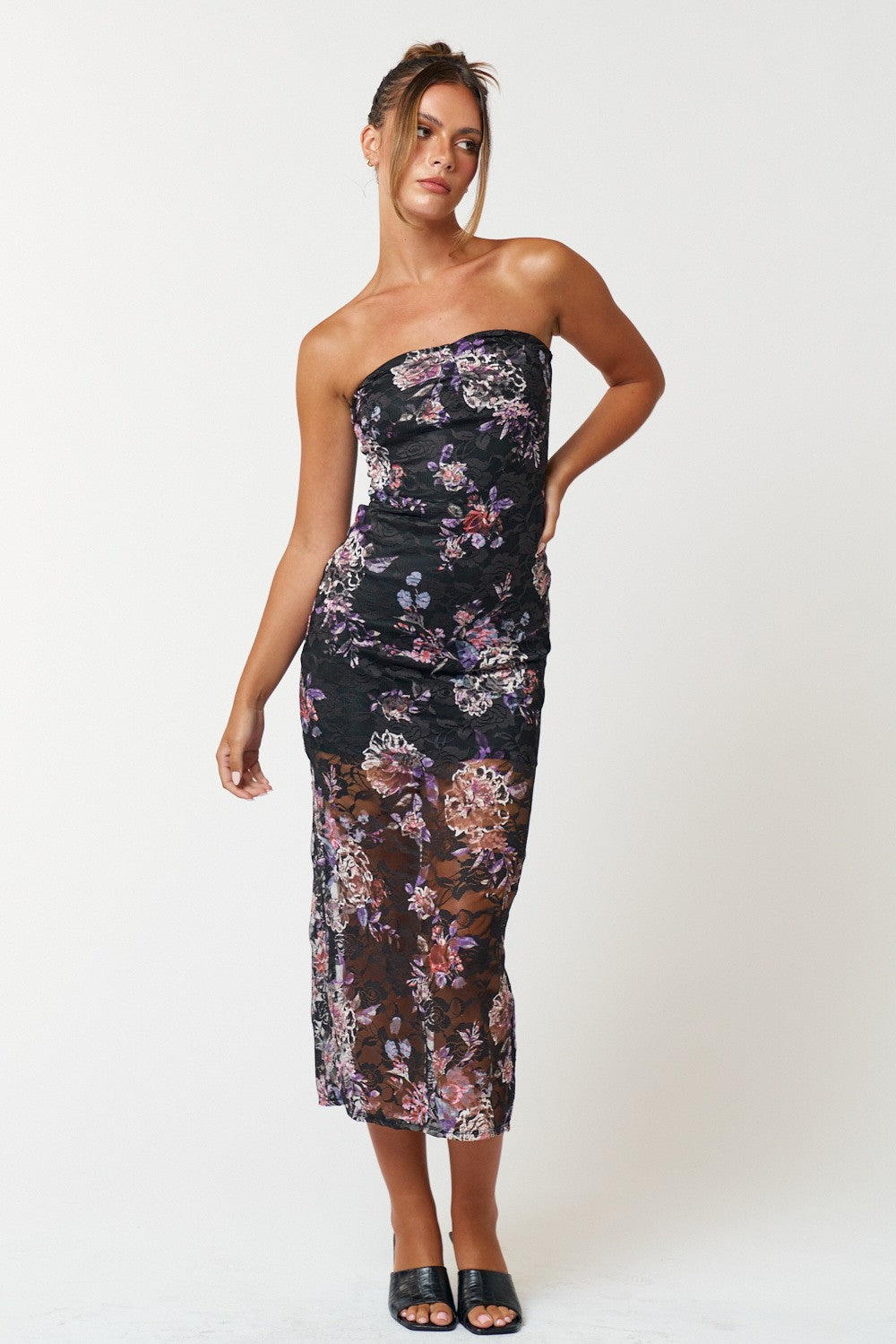 Strapless Floral Back Slit Midi Dress