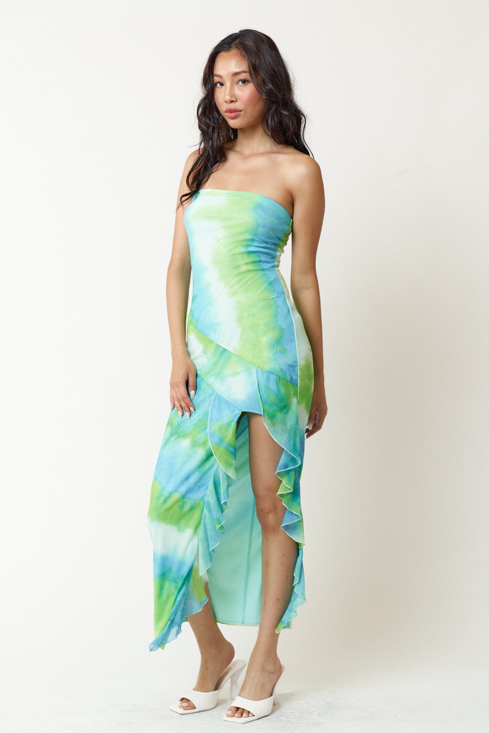 Strapless Printed Ruffle Midi Dress