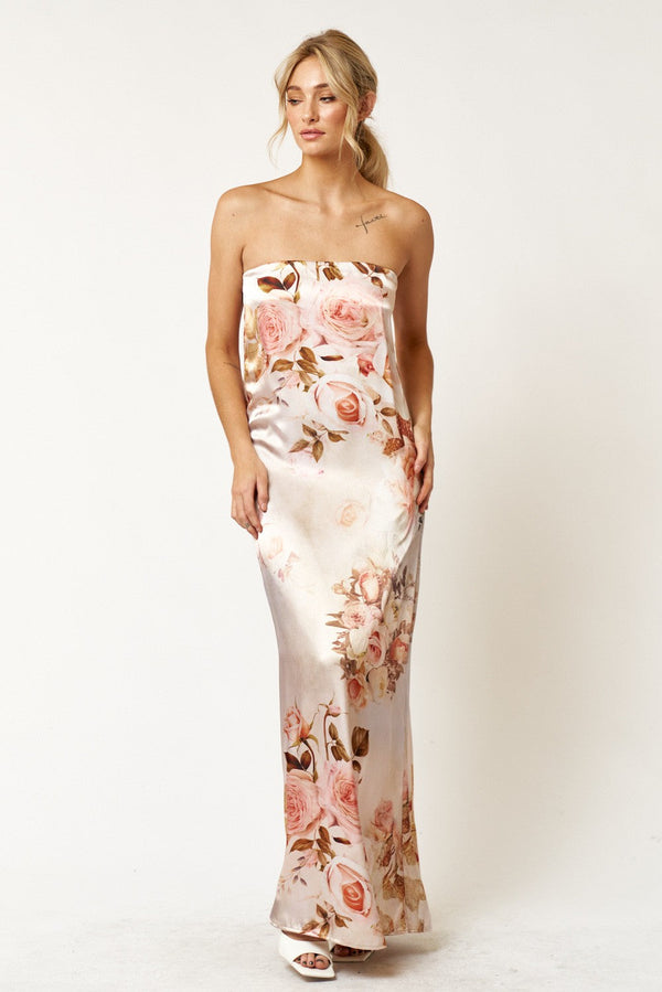 Long Strapless Flower Printed Satin Dress