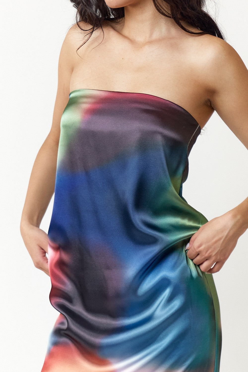 Long Strapless Multicolor Print Maxi Dress