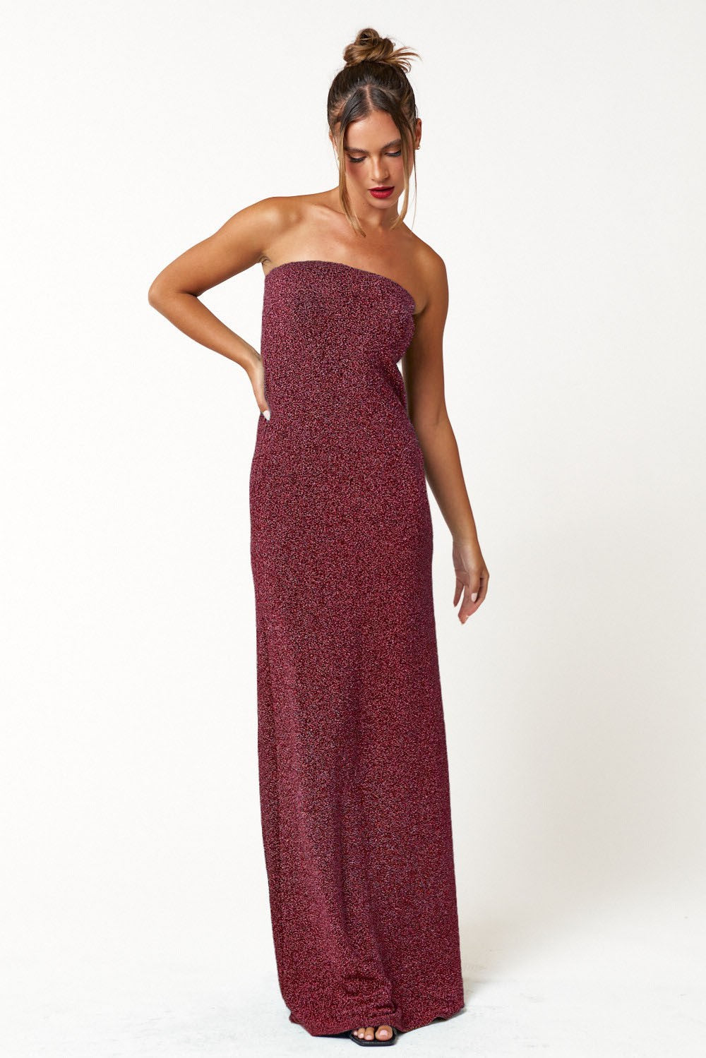 Long Strapless Glitter Maxi Dress
