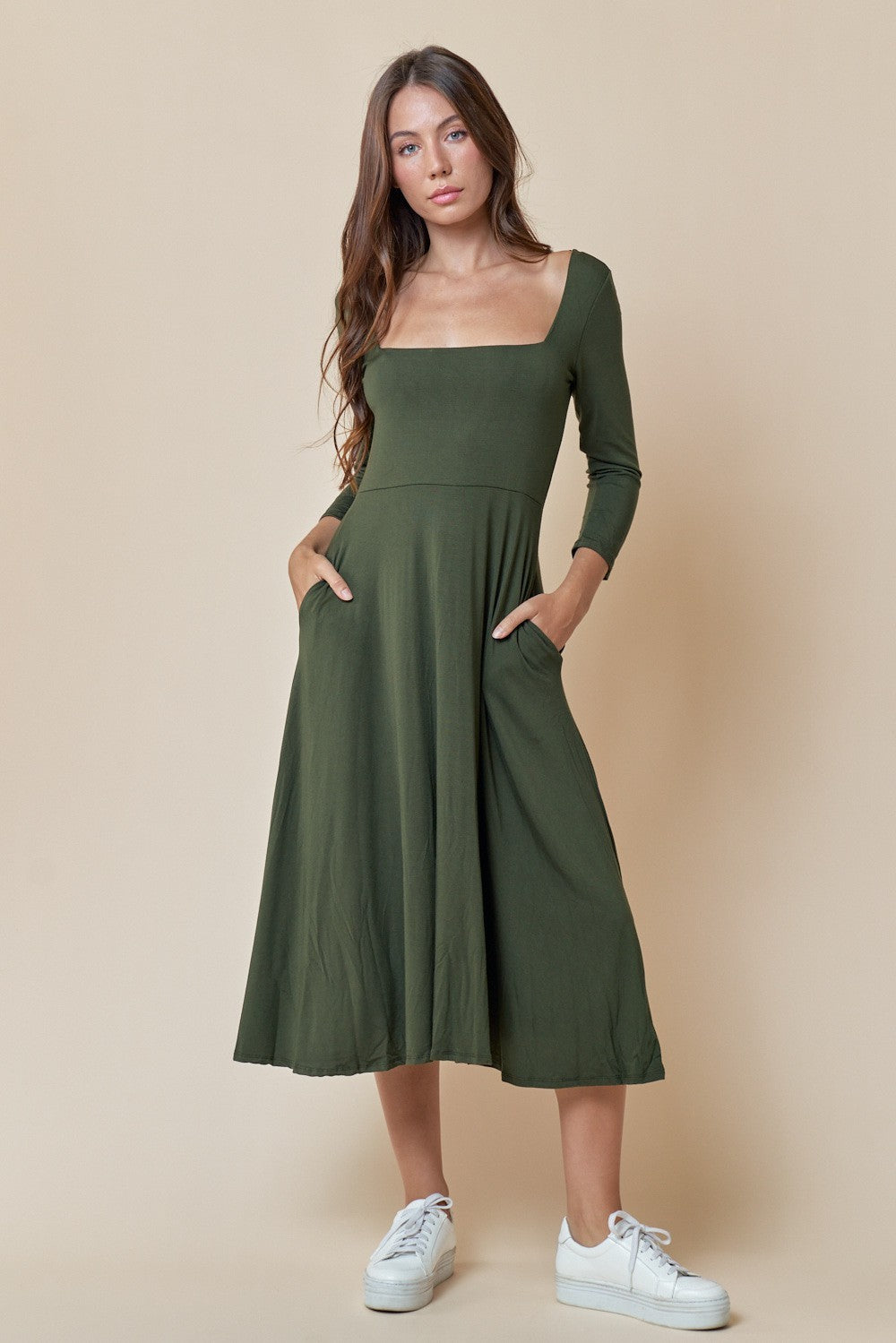 Long Sleeve Square Neck Skater Pocket Midi Dress