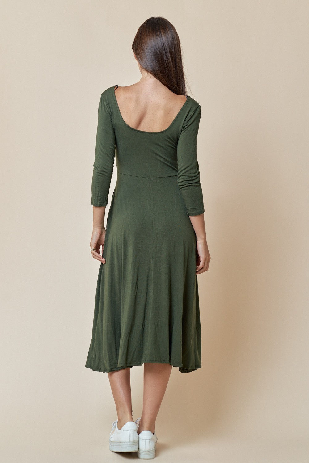 Long Sleeve Square Neck Skater Pocket Midi Dress