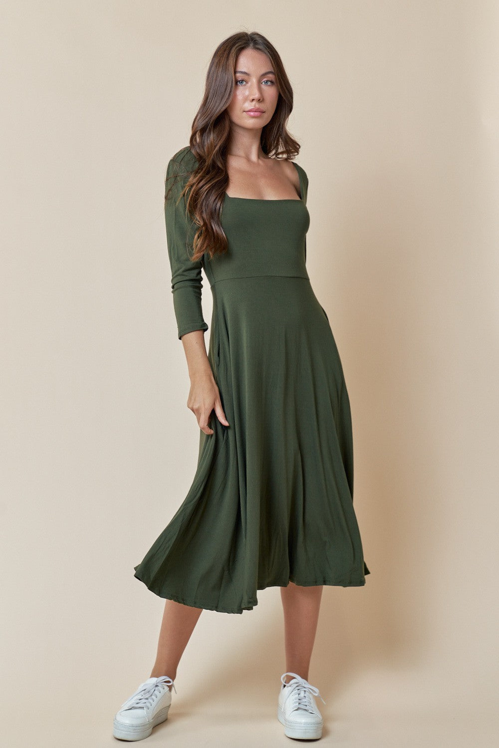 Long Sleeve Square Neck Skater Pocket Midi Dress