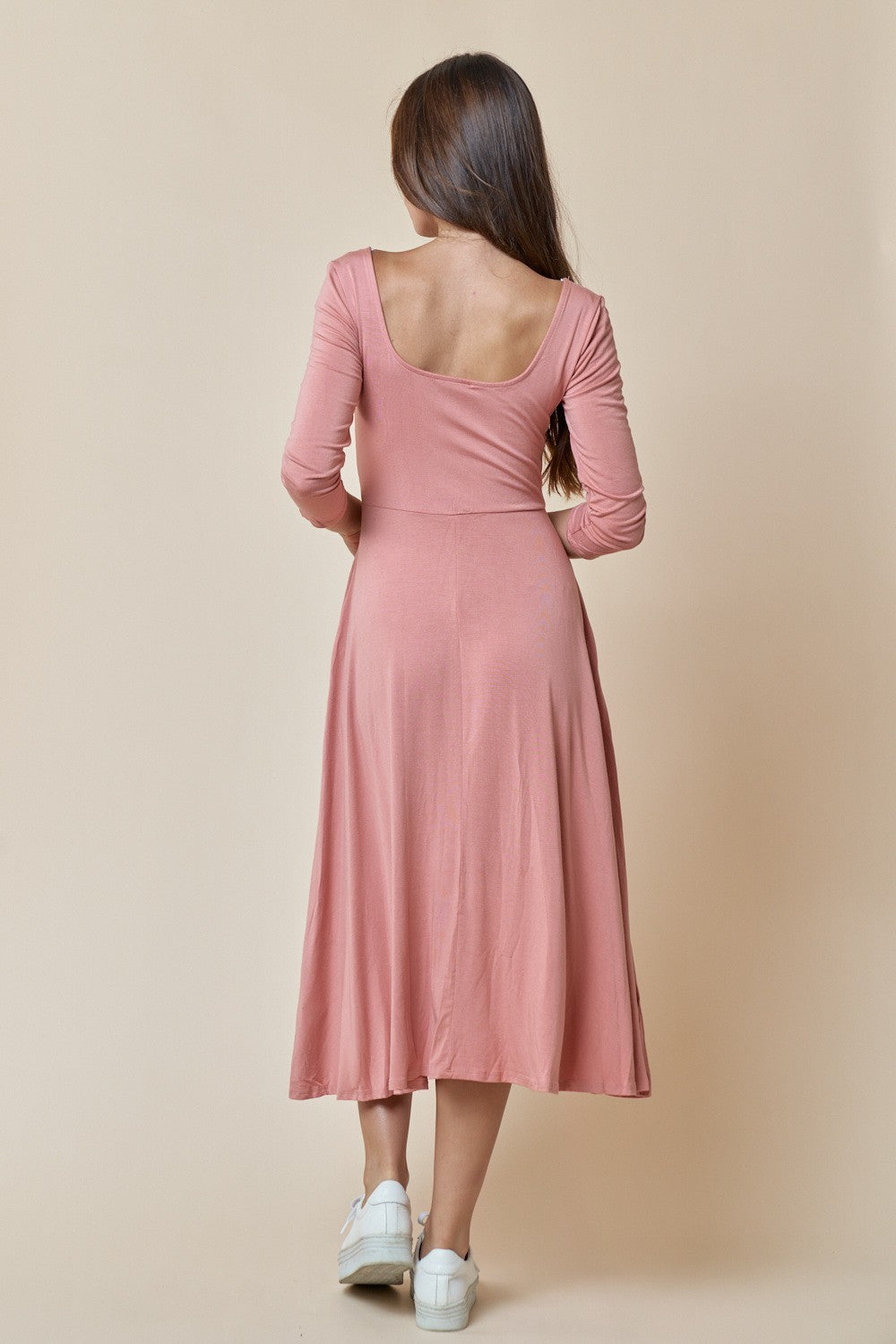 Salmon Long Sleeve Square Neck Skater Pocket Midi Dress for $39.99 ...