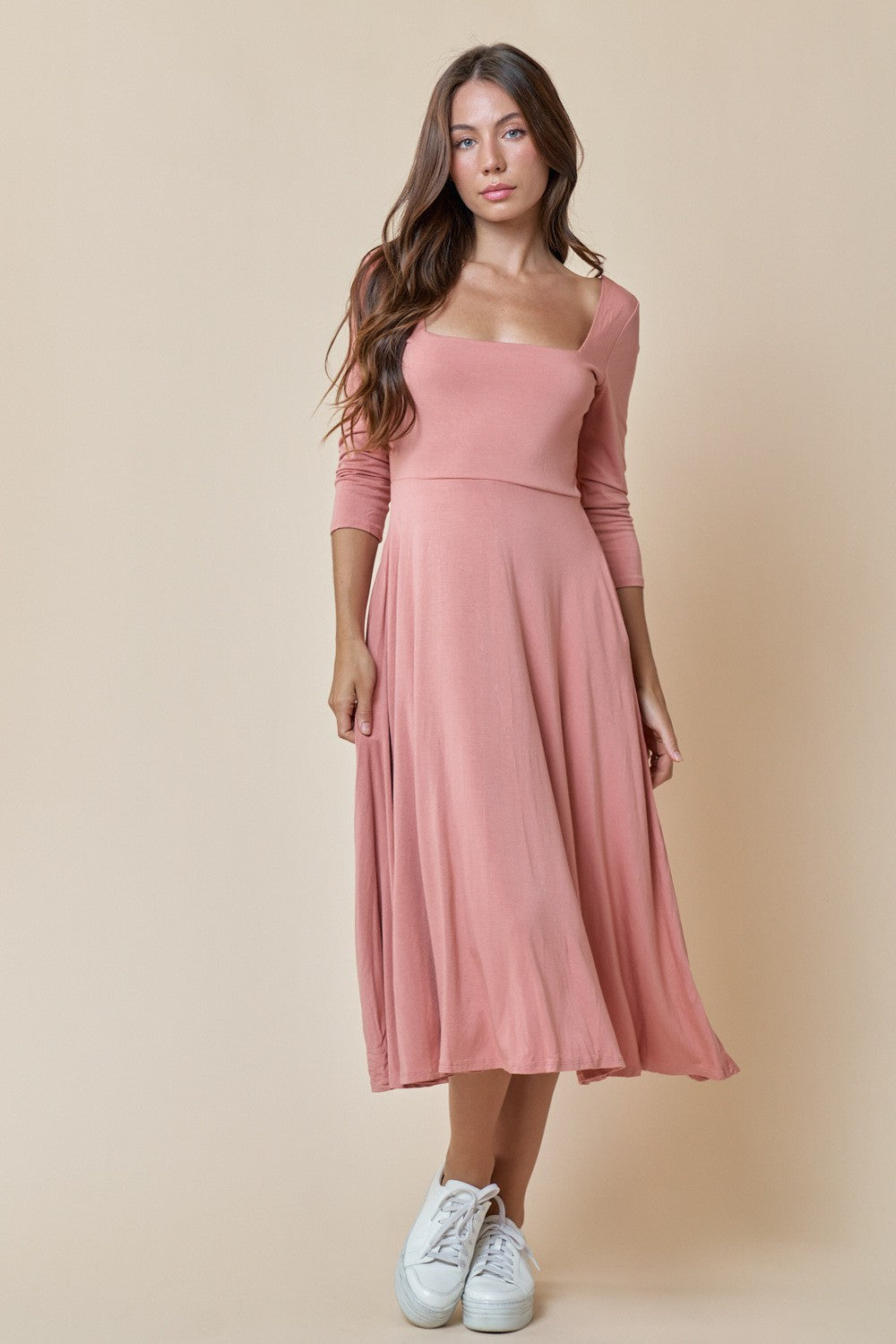 Salmon Long Sleeve Square Neck Skater Pocket Midi Dress for $39.99 ...