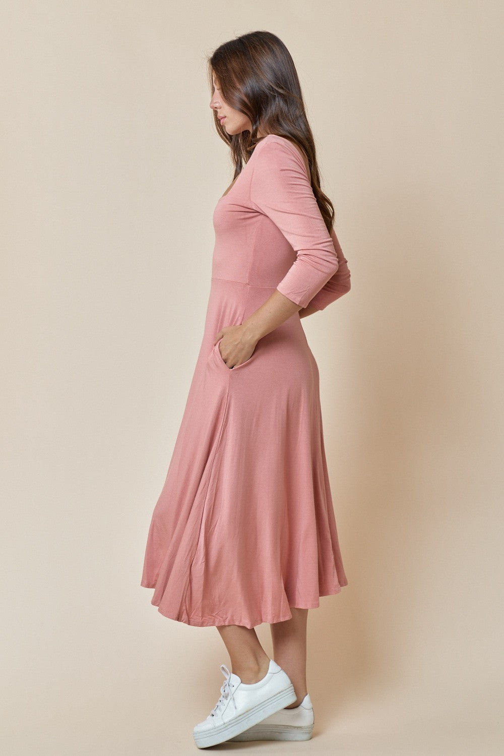 Long Sleeve Square Neck Skater Pocket Midi Dress