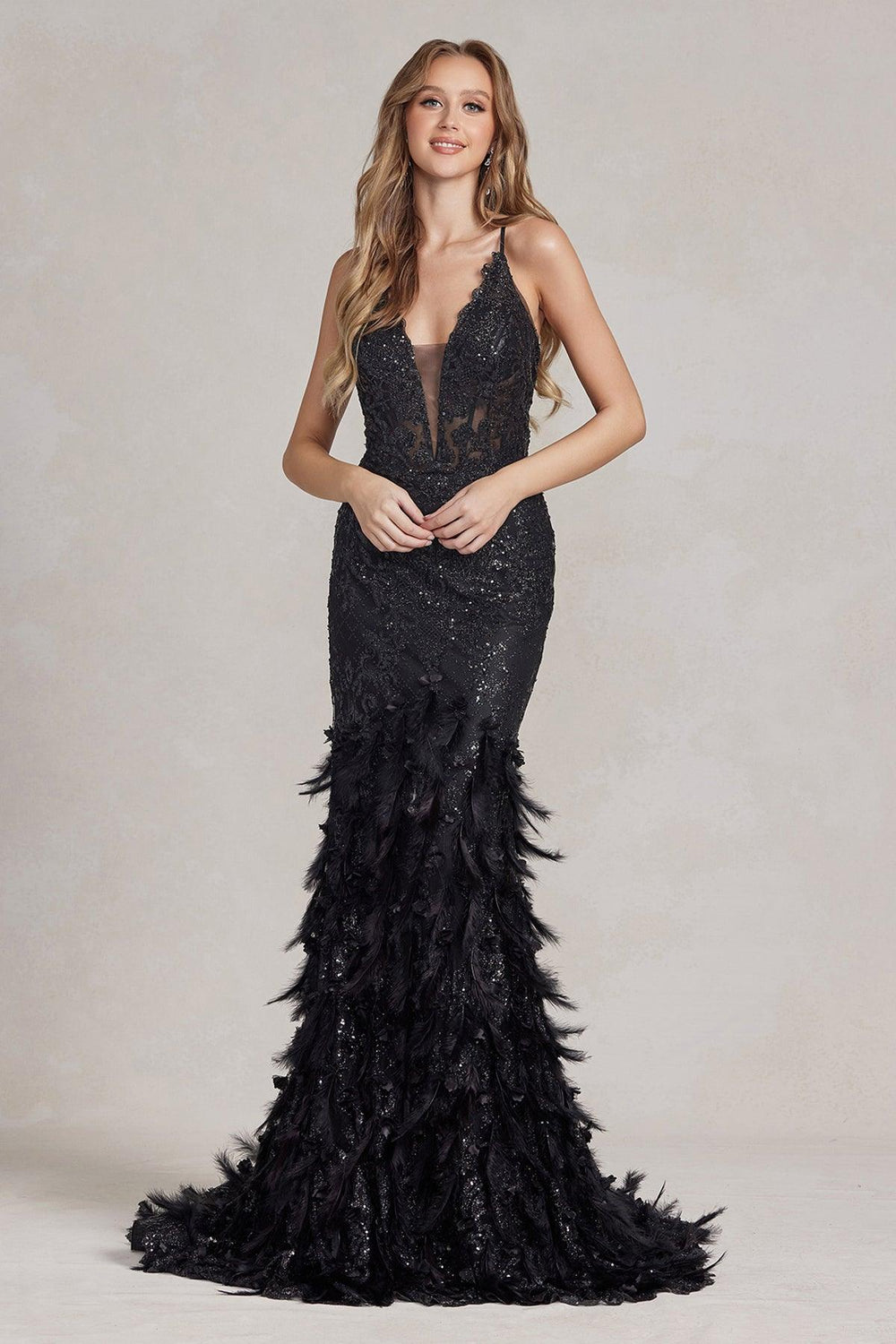 Nox Anabel C1111 Long Formal Feather Prom Dress