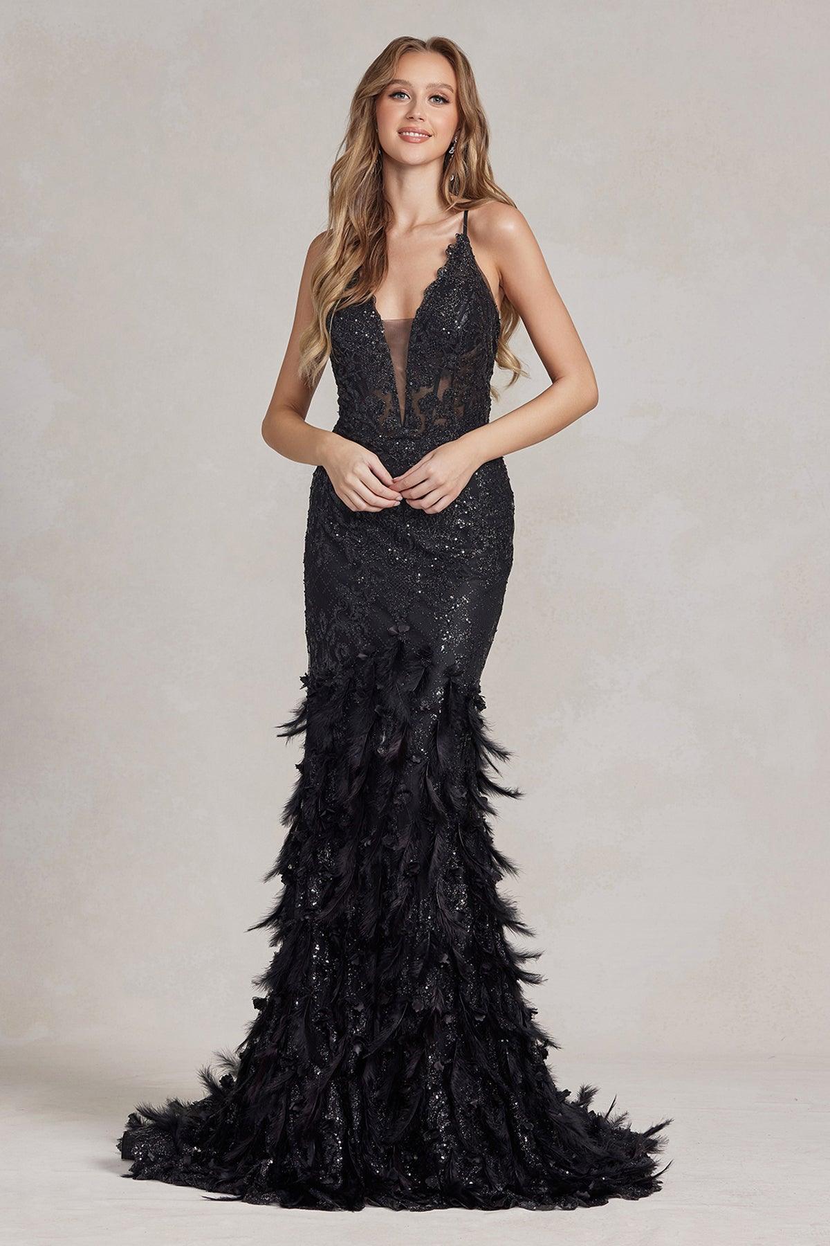 Nox Anabel C1111 Long Formal Feather Prom Dress