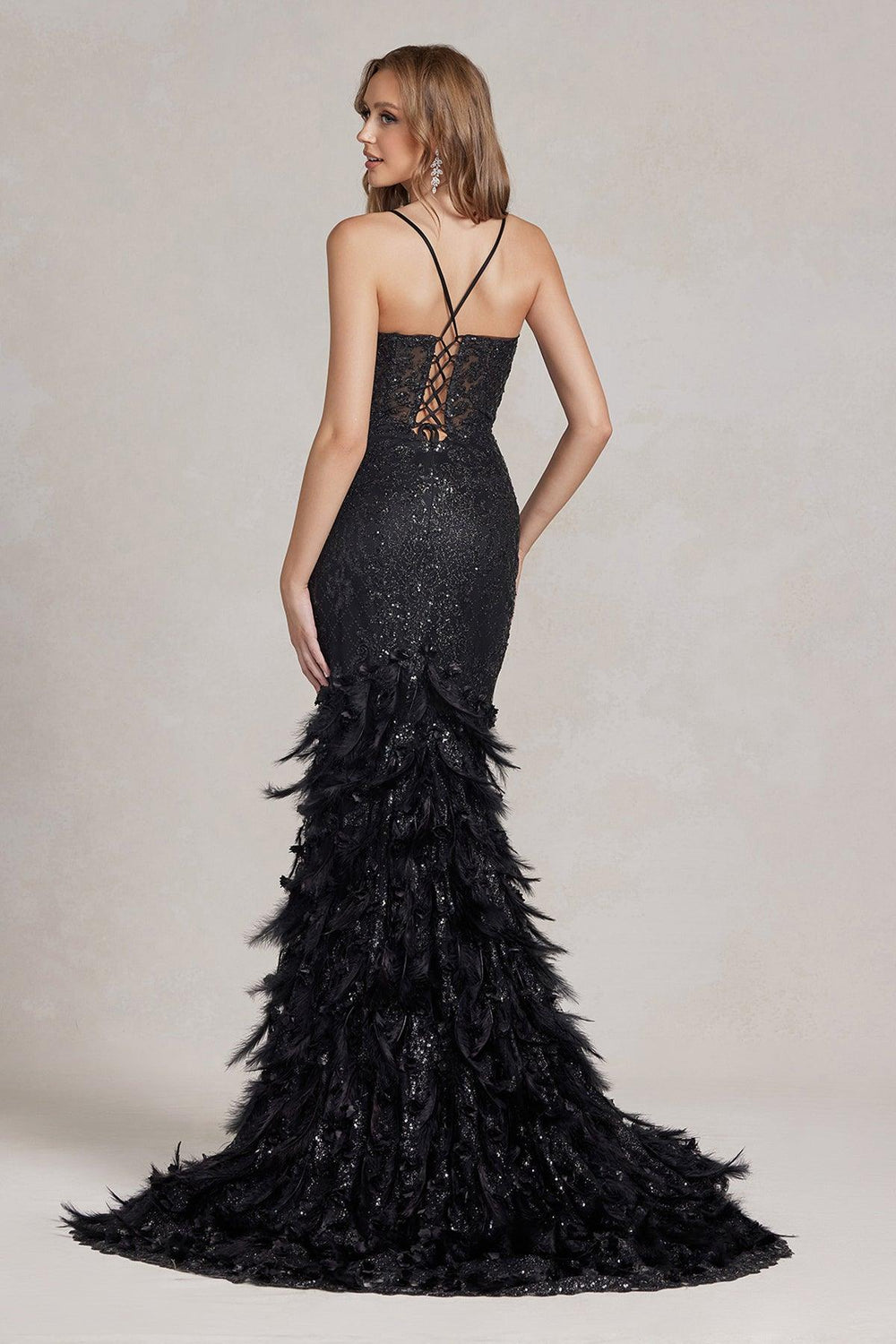 Nox Anabel C1111 Long Formal Feather Prom Dress