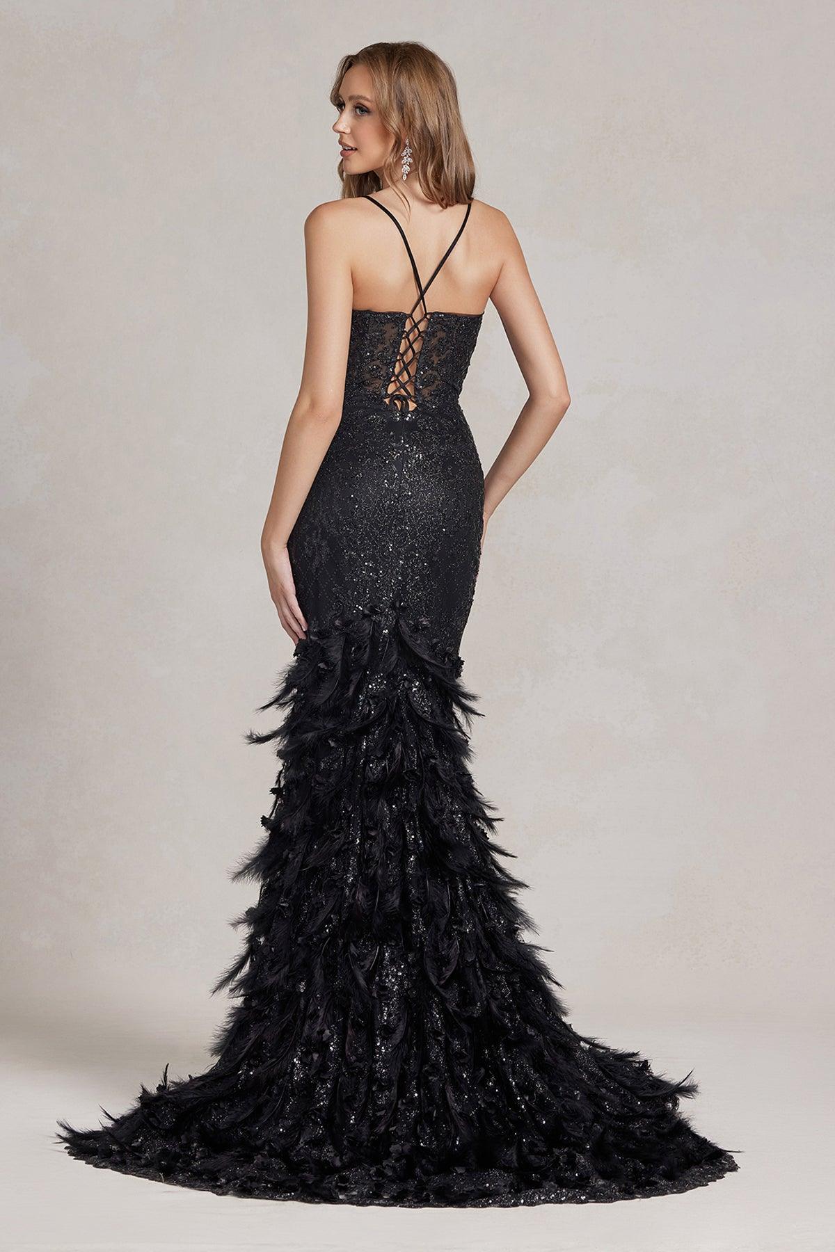 Nox Anabel C1111 Long Formal Feather Prom Dress
