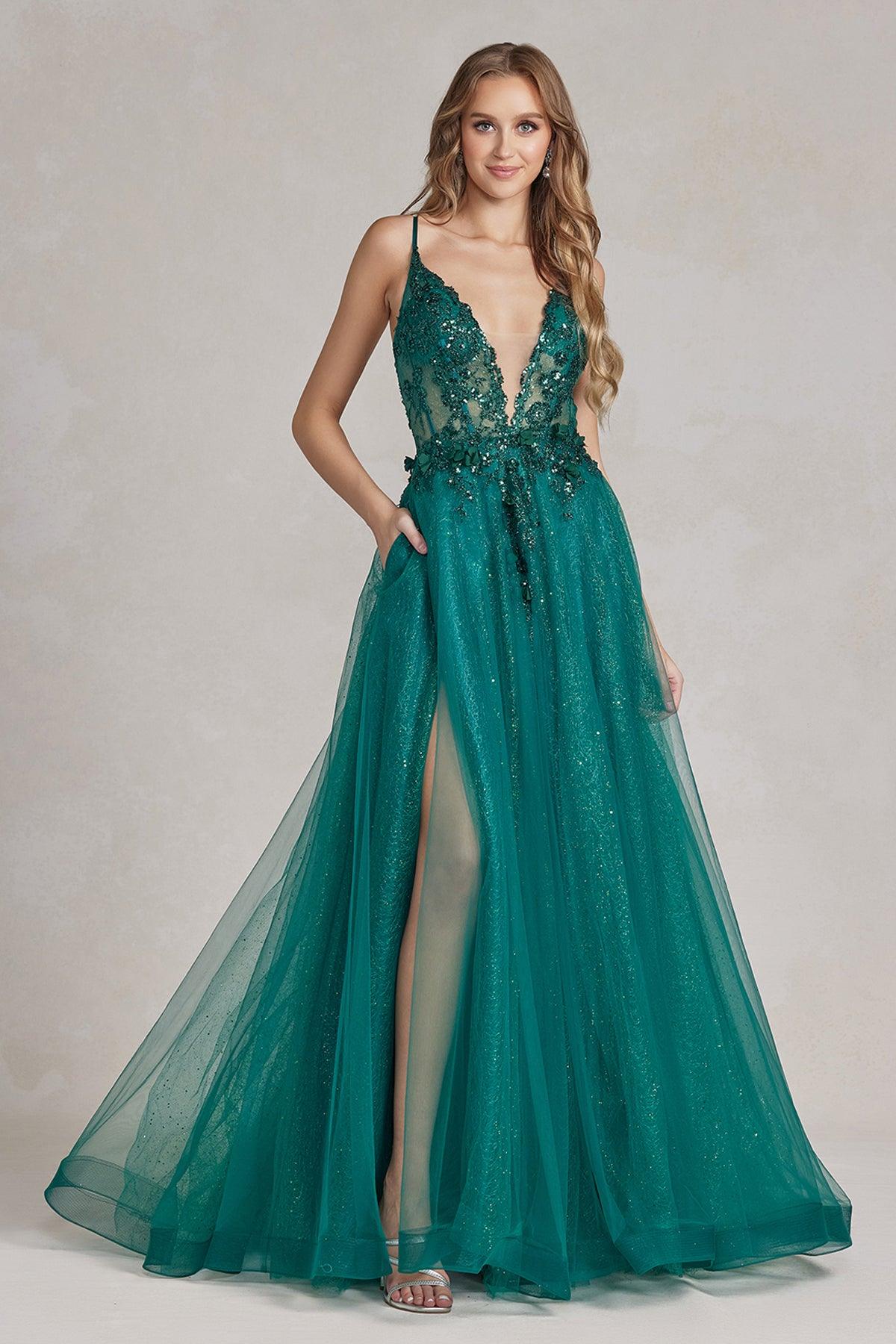 Nox Anabel C1113 Long Spaghetti Strap Beaded Prom Dress Emerald