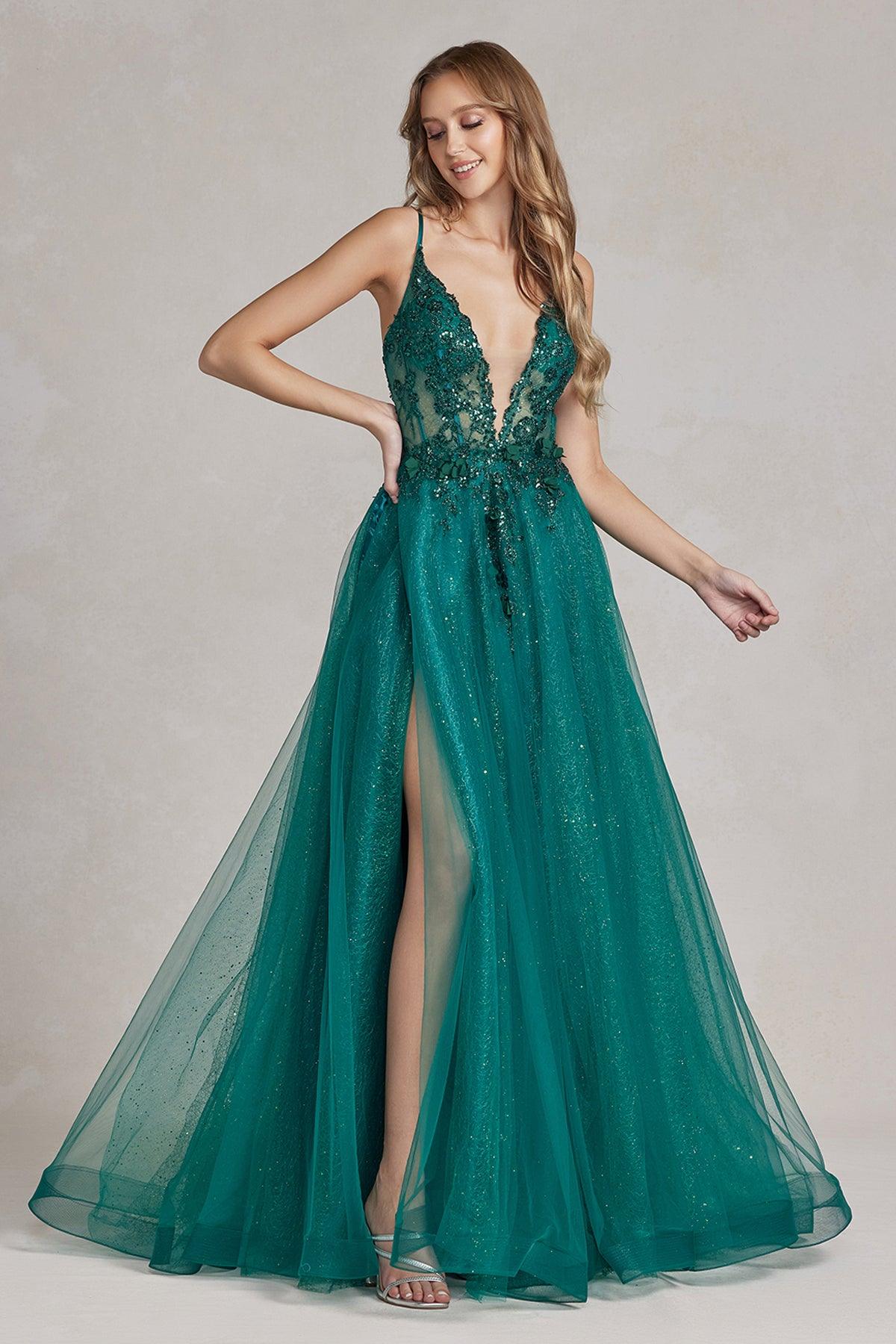 Nox Anabel C1113 Long Spaghetti Strap Beaded Prom Dress Emerald