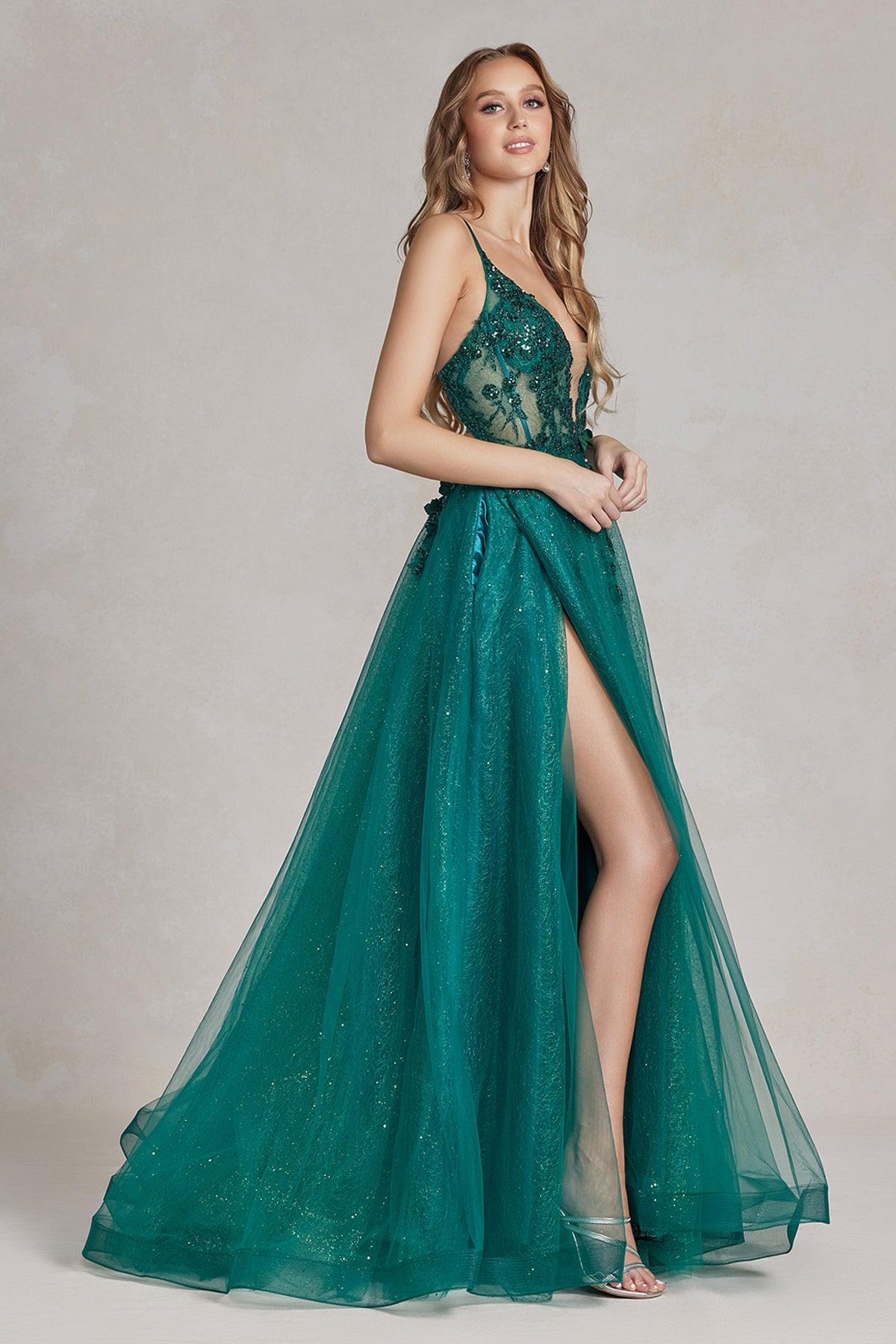 Nox Anabel C1113 Long Spaghetti Strap Beaded Prom Dress Emerald
