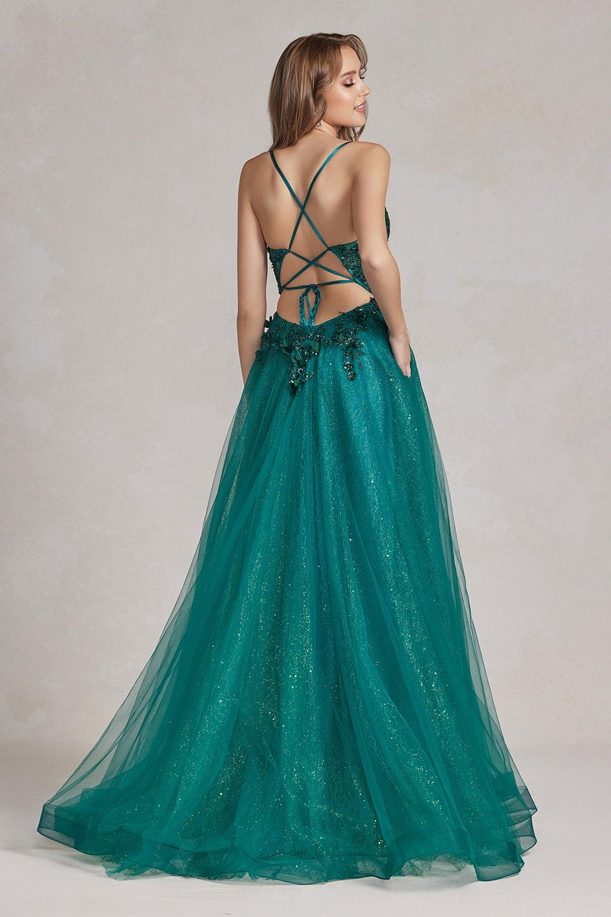 Nox Anabel C1113 Long Spaghetti Strap Beaded Prom Dress Emerald