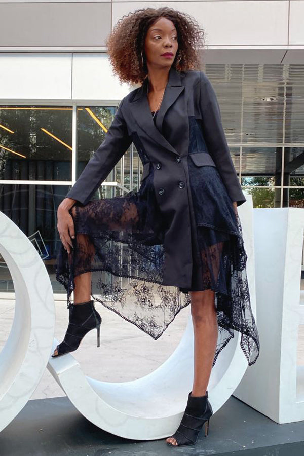Long Sleeve Double Breasted Mock Pockets Lace Short Blazer Dress