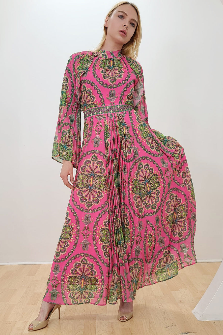 A-Line Pleated Chiffon Dress with Long Sleeves Chocolate Plus Size